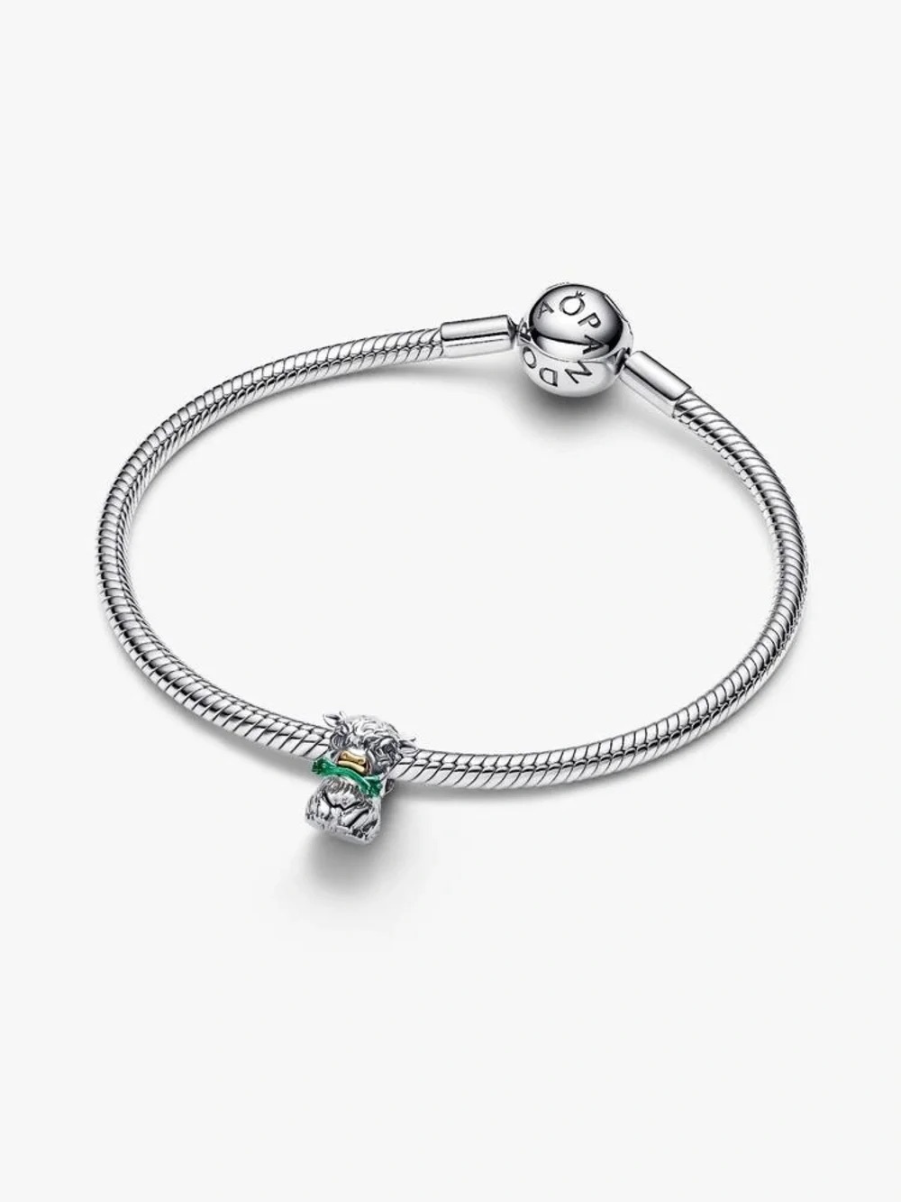 Pandora Sterling Silver Snake Chain Bracelet with Green-Accented Charm